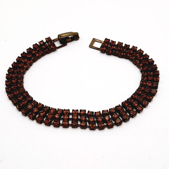 Vintage Topaz Rhinestone 6 3/4 Inch Bronze Tone Bracelet - Picture 2 of 8